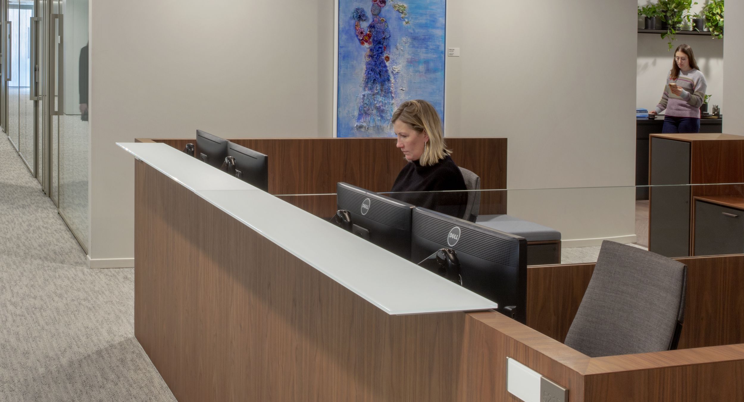 Beautiful double FOUNDRY | HALO OFFICE reception station in American walnut. 